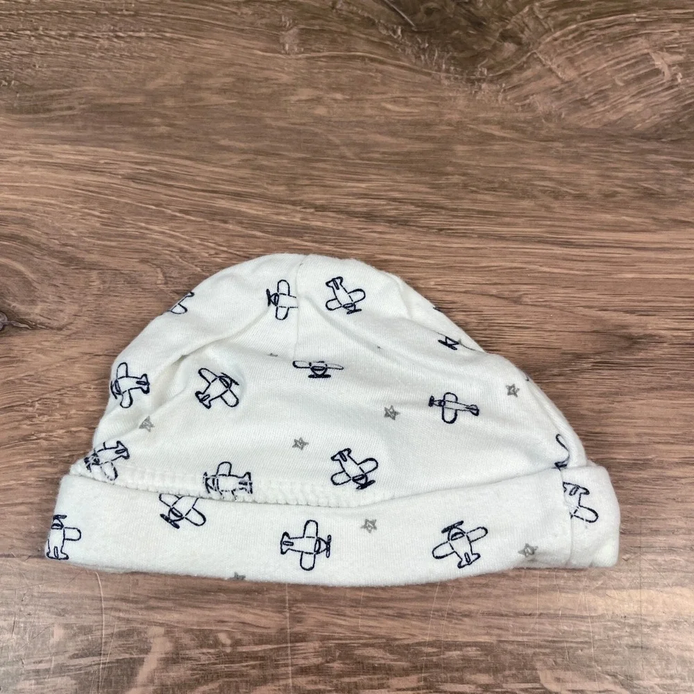 Carter's Luvable Friends Beanie Hat Baby NB 0-3M Blue White Monkey Airplane 3pk